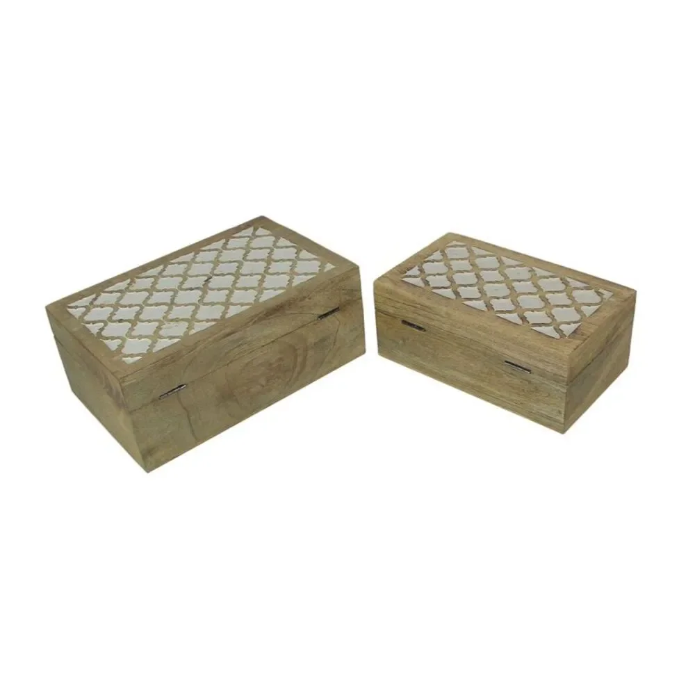Set of 2 Hand Carved Marrakech Design Trinket Boxes Bohemian Decor